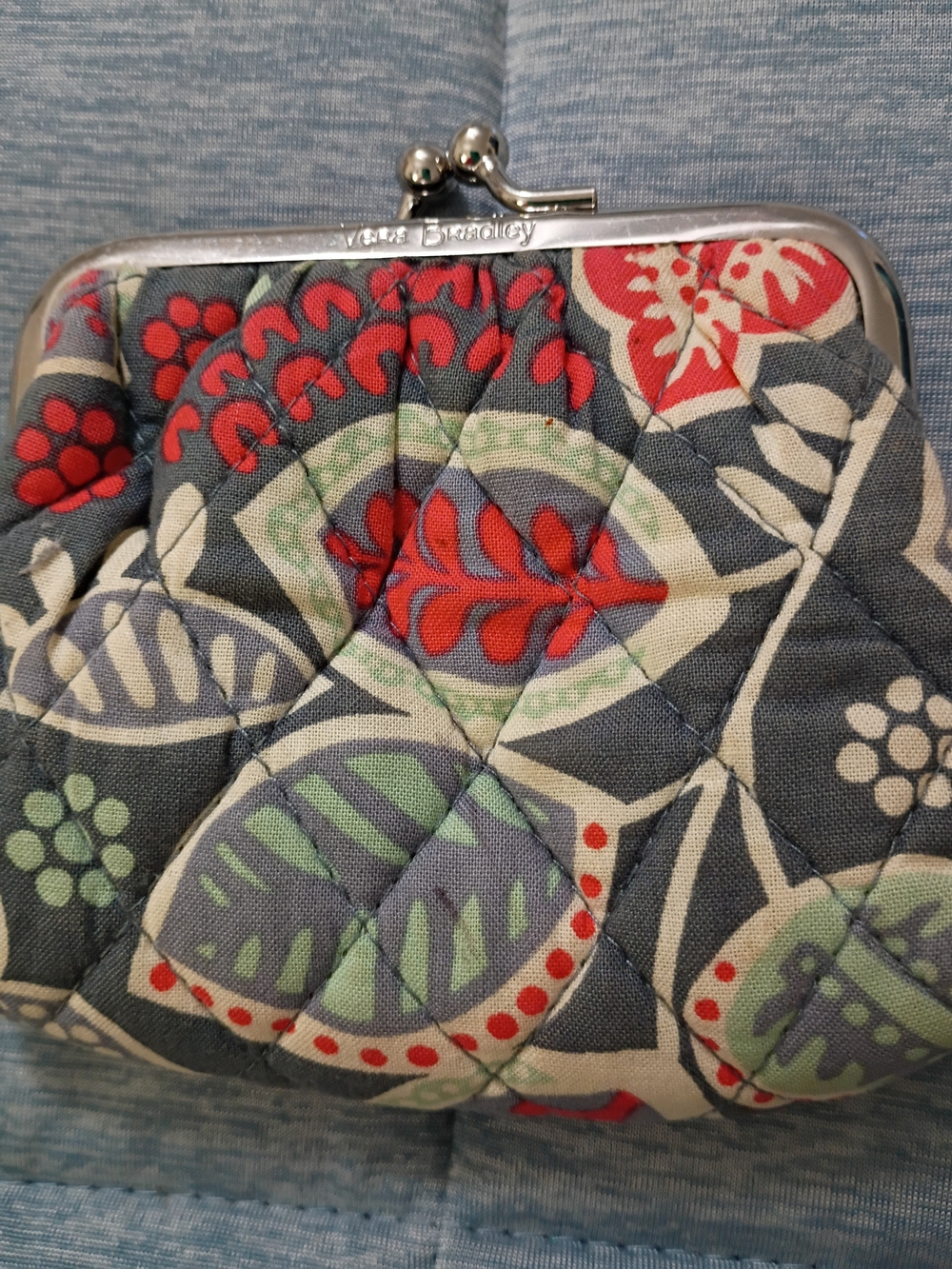 Vera Bradley Quilted Floral Kiss-Lock Coin Purse in Gray, Red & Green